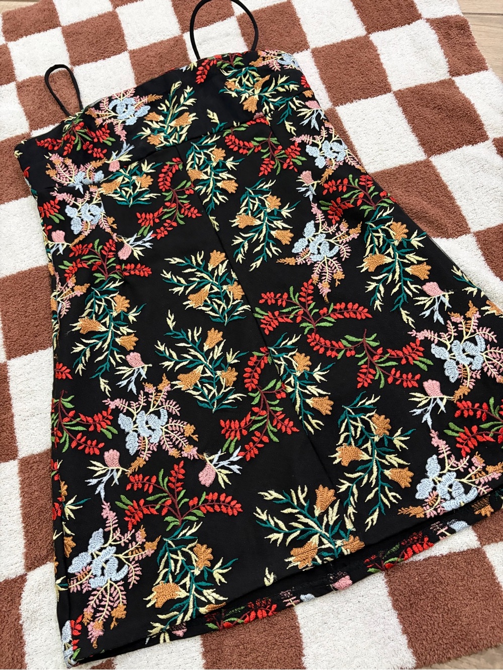 Urban Outfitters Black Mini Dress with Multicolor Floral Embroidery
